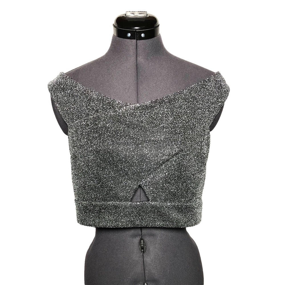 Express Silver Metallic Off‎ Shoulder Crop Top L Sparkle Lurex Party Club Y2K - Picture 2 of 9